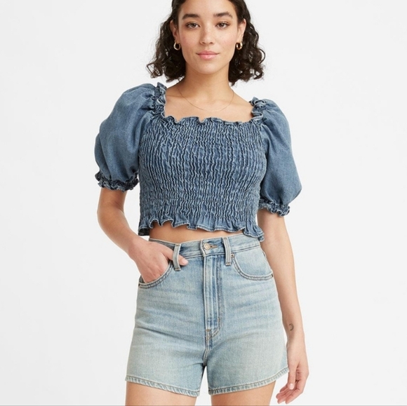 Levi's Retro 70s Smocked Denim Crop Top Blue Size Large Milkmaid - Picture 13 of 13